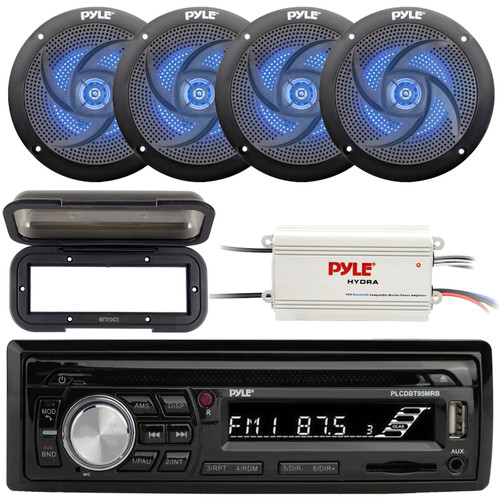 Pyle PLCDBT95 Single DIN Marine Bluetooth USB/AUX CD/MP3 Player AM/FM Radio In Dash Stereo Receiver W/Black Cover, 4x 5.25" 180W Max 2-Way Low Profile Slim Style Blue LED Speakers, 4-Channel Amplifier