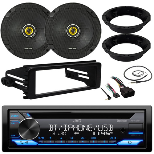 JVC KD-T720BT Single DIN Bluetooth USB/AUX CD Player AM/FM Radio Multimedia Stereo Receiver w/Install Kit, 2x 6.75" 300W Max Power 2-Way Coaxial Speakers w/Adapters, Radio Antenna (Fits 1998-2013 HD)