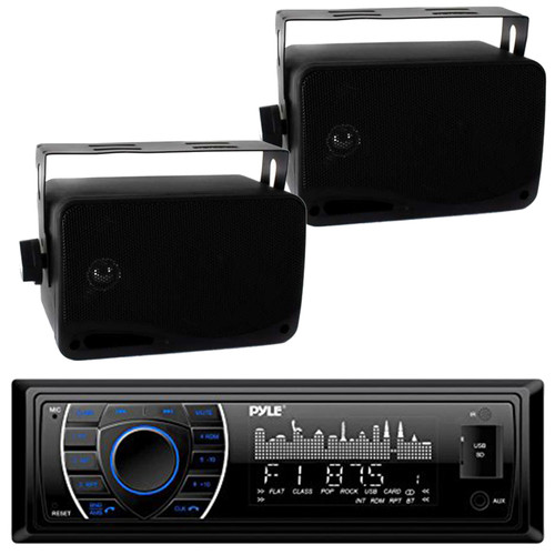 Pyle PLRMR27BTB Single DIN Marine Bluetooth USB/AUX MP3 Player AM/FM Radio In-Dash Stereo Receiver, 2x Pyle PLMR24B 3.5" 200 Watt Max Power 3-Way Indoor/Outdoor Wall Mount Black Audio Speakers