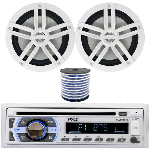 Pyle PLCD43MRB Single DIN Marine Bluetooth USB/AUX MP3 Player AM/FM Radio In-Dash Stereo Head Unit Receiver, 2x 6.5" 180 Watt Max Power 2-Way White Boat Audio Speakers, 50 Feet 18 Gauge Speaker Wire