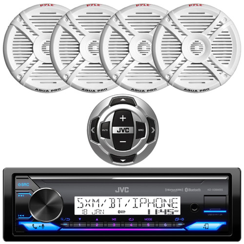 JVC KD-X38MBS Single DIN Marine MotorSports Bluetooth USB/AUX LED Illumination AM/FM Radio SiriusXM Ready Stereo Receiver W/Wired Remote, 4x 7.7" 280 Watt Max Power Waterproof Boat White Speakers