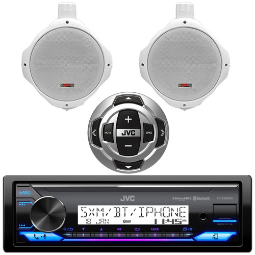 JVC KD-X38MBS Single DIN Marine MotorSports Bluetooth USB/AUX LED Illumination AM/FM Radio SiriusXM Ready Stereo Receiver W/Wired Remote, 2x 6.5" 200 Watt Max Power White Wake Board Boat Speakers