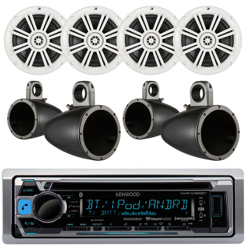Kenwood KMR-D368BT Marine Boat Yacht CD MP3 Bluetooth Stereo AM/FM iPod iPhone Radio Player, Pair of Kicker 41KM604W 6.5" 6-1/2" Inch 4-Ohms Audio Speakers, Kicker 12KMTES 6.5-inch Tower Enclosure