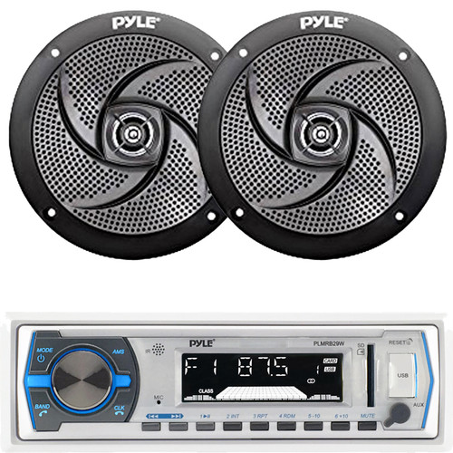 Pyle PLMRB29W Single DIN Marine Bluetooth USB/AUX MP3 Player AM/FM Radio In-Dash White Stereo Receiver w/ Remote Control, 2x 5.25" 180W Max 2-Way Waterproof Low Profile Slim Style Black Boat Speakers