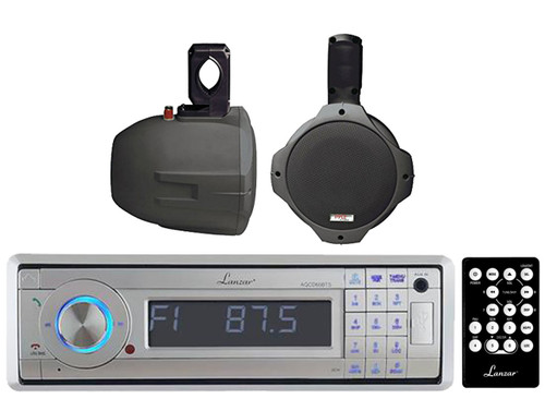 2 Black 200W 6.5"Marine Wakeboard Speakers, Lanzar Bluetooth USB CD Marine Radio