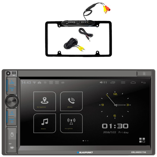 Blaupunkt Orlando 750 6.9" Touchscreen Double DIN Bluetooth USB AM/FM Radio Car Audio Receiver, Car License Plate Frame Rear View Backup Night Vision Waterproof Camera