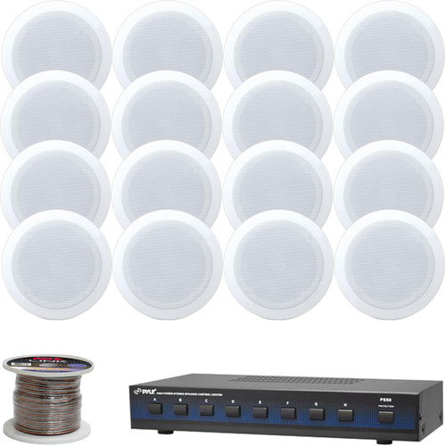 16x Pyle Pro PDIC61RD 6.5'' 200 Watt Max Power 2-Way In-Ceiling Speakers, Pyle Home PSS8 8-Channel High Power Stereo Speaker Selector, 100 Feet 16 Gauge Spool of High Quality Speaker Zip Wire