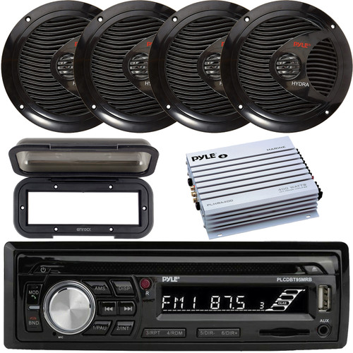 Pyle PLCDBT95 Single DIN Marine Bluetooth USB/AUX MP3/CD Player AM/FM Radio In-Dash Stereo Receiver W/Black Cover, 4x 6.5" 150W Max Full Range Dual Cone Waterproof Speakers, 4 Channel Amplifier