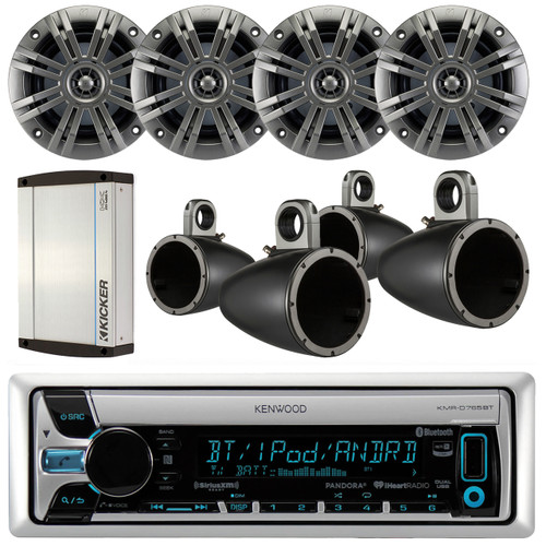 Kenwood KMR-D765BT Marine Boat Yacht Outdoor CD MP3 USB AUX Bluetooth AM/FM Radio Receiver, Pair of Kicker 41KM652C 6.5" 2-Ohm Marine Speakers, Kicker 12KMTES 6.5-inch Tower Enclosure, Kicker 40KXM400.4 4-Channel 400 Watts Marine Amplifier