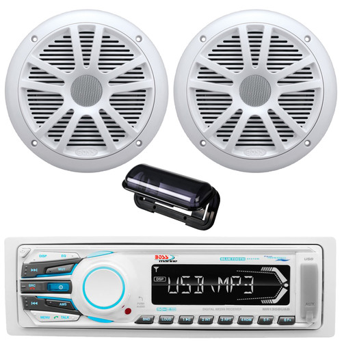 Boss Audio MR1308UAB Single-DIN Marine Weatherproof USB/SD MP3/AUX AM/FM Radio Stereo Digital Media Receiver W/Radio Cover, 2x 6.5" 180W Max Power Weather Proof Dual Cone White Boat Speakers