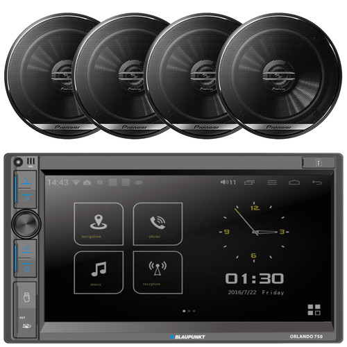 Blaupunkt Orlando 750 6.9" Touchscreen Double DIN Bluetooth USB AM/FM Radio Car Audio Receiver Bundle Combo Two Pairs (QTY 4) Of Pioneer TS-G1620F 6.5" 300W Max Power 2-Way Coaxial Automotive Speakers