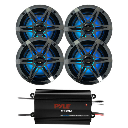 Pyle PLMRMB4CB 4-Channel Bluetooth Marine Amplifier Bundle Combo Two Pairs (QTY 4) Of Enrock EM265RGB 6.5" 120 Watt Max Power 4-Ohm RGB LED Coaxial Boat Speakers, 4x Chrome Grilles