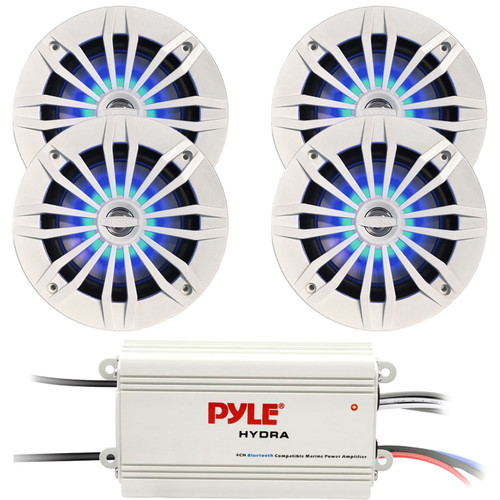 4x Enrock EMLED265W 6.5" 180 Watt Max Power 2-Way Blue LED Marine White Speakers, Pyle PLMRMB4CW 4-Channel Waterproof Boat Bluetooth Amplifier