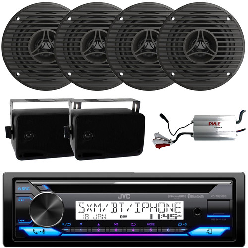 JVC KD-T92MBS Single DIN Marine Bluetooth MotorSports USB/AUX CD Player AM/FM Radio Stereo Receiver, 4x 3.5" 75W Max Graphite Speakers, 2x 3.5" 200W Max Indoor/Outdoor Speakers, 4-Channel Amplifier