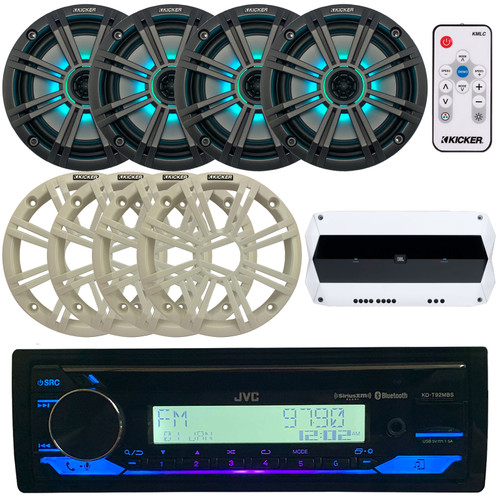 4x Kicker 6.5" LED Speakers & Remote, 4-Channel 1000W Amplifier, JVC KD-T92MBS Single DIN Marine Bluetooth USB AUX AM/FM Radio CD Player Receiver