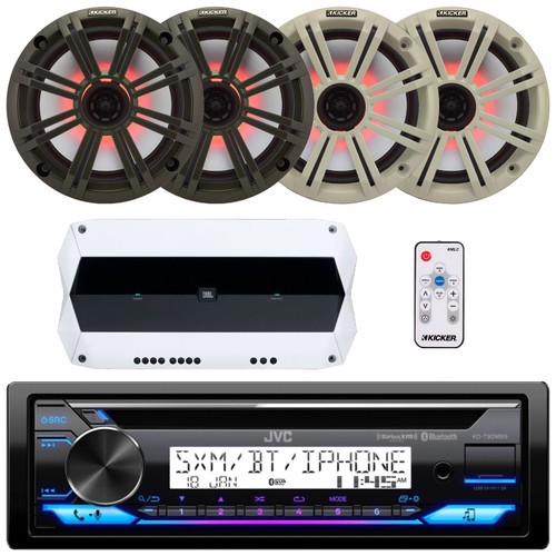 JVC KD-T92MBS Single DIN Marine MotorSports Bluetooth USB/AUX CD Player AM/FM Radio Stereo Receiver, 4x 6.5" 195W Max 4 Ohm RGB LED Coaxial Speakers w/Grilles, 4-Channel Amplifier, LED Controller