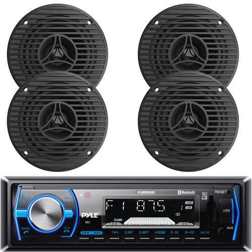 Pyle PLMRB29B Single DIN Bluetooth USB/AUX MP3 Player AM/FM Radio In-Dash Stereo Black Receiver w/ Remote Control, 4x 3.5" 3.5" 75W Max Power High Performance Full Range All Weather Graphite Speakers