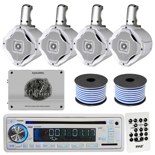 4 2Way 6.5" WakeBoard Speakers/Wires, USB CD AUX SD AM FM Radio, 1600W Amplifier