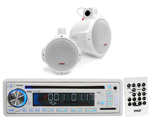 PLCD35MR Marine AUX USB CD AM FM Radio, 2 White 8" Wake Board Marine Speaker Set