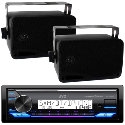 JVC KD-X38MBS Single DIN Marine Bluetooth MotorSports USB/AUX LED Illumination AM/FM Radio SiriusXM Ready Stereo Receiver, 2x 3.5" 200 Watt Max Power 3-Way Indoor/Outdoor Wall Mount Black Speakers