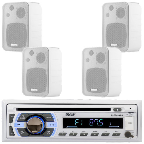 Pyle PLCD43MRB Single DIN Marine Bluetooth USB/AUX MP3 Player AM/FM Radio In-Dash Stereo Head unit Receiver, 4x Enrock EKMR408W 4" 30 Watt Max Power 3-Way Indoor/Outdoor White Box-Speakers