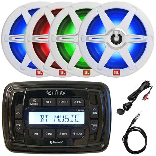 Infinity PRV250 Marine Bluetooth USB/AUX AM/FM Radio Digital Media Black Stereo Receiver, 4x 8" 450 Watt Max 2-Way High-Performance RGB LED Boat Speakers w/Grilles, USB/AUX Adapter, 40" Radio Antenna