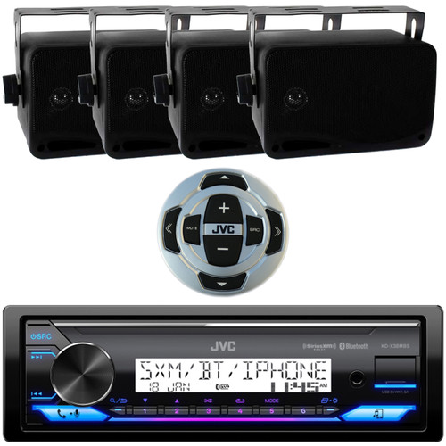 JVC KD-X38MBS Single DIN Marine Bluetooth MotorSports USB/AUX LED AM/FM Radio SiriusXM Ready Stereo Receiver w/Wired Remote, 4x 3.5" 200 Watt Max Power 3-Way Indoor/Outdoor Wall Mount Black Speakers