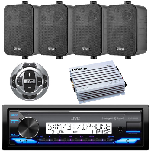 JVC KD-X38MBS Single DIN Marine Motorsports Bluetooth USB/AUX LED AM/FM Radio Stereo SiriusXM Ready Receiver W/Wired Remote, 4x 4" 30W Max Power 3-Way Indoor/Outdoor Speakers, 4-Channel Amplifier