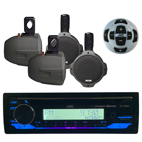 JVC KD-T92MBS Single DIN Marine MotorSports Bluetooth USB AUX AM/FM Radio Stereo SiriusXM Ready CD Player Receiver, 6.5" Black Wakeboard Marine Speakers, Wired Remote