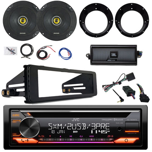 JVC KD-T925BTS Single DIN Bluetooth CD Player USB AUX Stereo Receiver, 2x Kicker 6.5" 300 Watt Speaker w/Adapter,  4-Channel Amplifier w/Kit, Stereo Install Kit,  Handlebar Controls (Harley 1998-2013)
