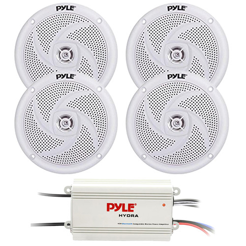 Two Pairs (QTY 4) Of Pyle PLMRS5W 5.25" 180 Watt Max Power 2-Way Waterproof Low Profile Slim Style Marine Audio White Speakers, Pyle PLMRMB4CW 4-Channel Waterproof Boat Bluetooth Amplifier