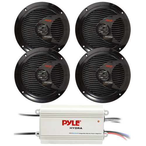 Pyle PLMRMB4CW 4-Channel Waterproof Marine Bluetooth Amplifier Bundle Combo Two Pairs (QTY 4) Of Pyle PLMR60B 6.5" 150 Watt Max Power Full Range Dual Cone Waterproof Boat Stereo Black Speakers