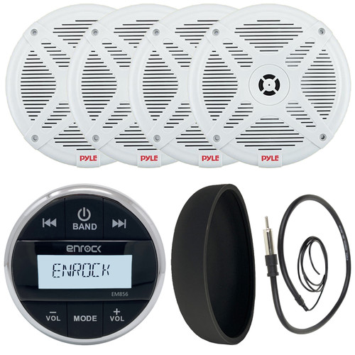 Enrock EM856 Marine Bluetooth USB/AUX AM/FM Radio Weather-Resistant Gauge Style Digital Media Receiver w/Cover, 4x 6.5" 90 Watt Max Power 2-Way Full Range White Boat Speakers, 22" Radio Antenna