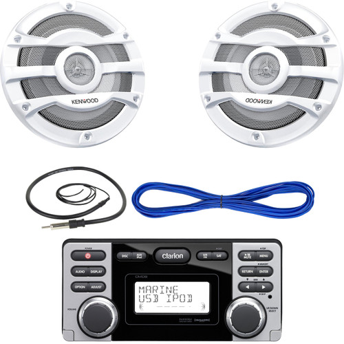 Clarion CMD8 1.8-Inch Marine CD-USB-MP3 Receiver, Kenwood KFC-2053MRW 8" 2 Way Marine Speakers Pair 300w Max White KFC2053MRW, 14 Gauge 50 Foot Marine Speaker Wire , EKMR1 Enrock Marine Wire Antenna (Black)