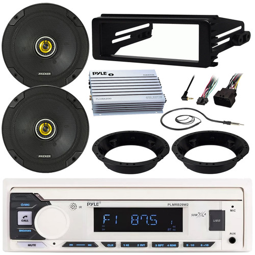 Pyle PLMRB29W2 Single DIN Marine Bluetooth USB/AUX MP3 Player AM/FM Radio Stereo Receiver w/Install Kit, 2x 6.75" 300W Max 2-Way Speakers W/Adapters, 2-Channel Amplifier, Antenna (Fits 1998-2013 HD)