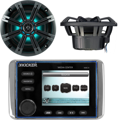 Kicker KMC10 All In One Powersports Outdoor Stereo Radio Media Center With 3.5" Full Color LCD Display, Kicker 41KM84LCW 8" KM Series Coaxial Marine Speakers w/ LED Lights