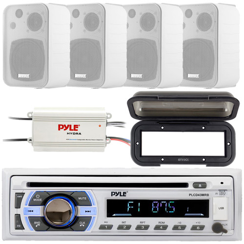 Pyle PLCD43MRB Single DIN Marine Bluetooth USB/AUX MP3 Player AM/FM Radio In-Dash Stereo Head Unit Receiver W/Black Cover, 4x 4" 30W Max 3-Way Indoor/Outdoor White Box-Speakers, 4-Channel Amplifier