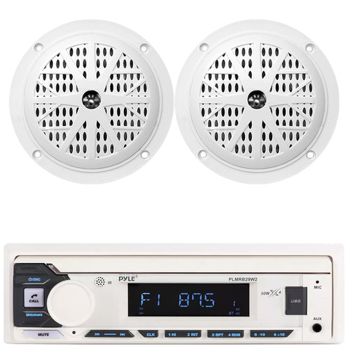 Pyle PLMRB29W2 Single DIN Marine Bluetooth USB/AUX MP3 Player AM/FM Radio Stereo Receiver, 2x 4" 100W Max Power Dual Cone Waterproof White Stereo Speakers