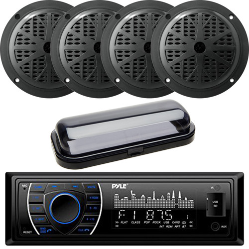 Pyle PLRMR27BTB Marine Yacht USB AM/FM Radio Wireless Bluetooth Receiver with 4x 5.25" Black Speakers, Radio Cover