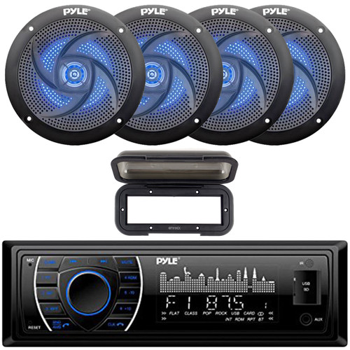 Pyle PLRMR27BTB Single DIN Marine Bluetooth USB/AUX MP3 Player AM/FM Radio In-Dash Stereo Receiver W/Black Cover, 4x 5.25" 180W Max 2-Way Waterproof Low Profile Slim Style Blue LED Boat Black Speakers