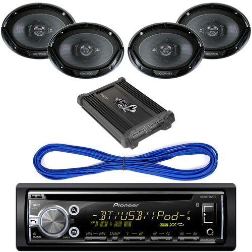 Pioneer DEHS6000BS CD/MP3 Bluetooth Receiver Aux Input USB Multicolor Illumination With Remote, 14 Gauge 50 Foot Speaker Wire, 2000 Watt 4 Channel Mosfet Amplifier, Kenwood 6X9" 3-Way Speaker 550W
