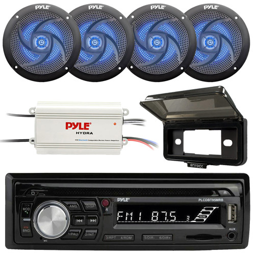 Pyle PLCDBT95 Single DIN Marine Bluetooth USB/AUX MP3/CD Player AM/FM Radio In Dash Stereo Receiver W/Black Cover, 4x 5.25" 180W Max 2-Way Waterproof Blue LED Black Speakers, 4-Channel Amplifier