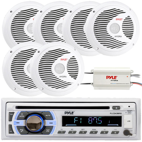 Pyle PLCD43MRB Single DIN Marine Bluetooth USB/AUX MP3 Player AM/FM Radio In-Dash Stereo Head Unit Receiver, 6x 6.5" 150W Max Power Full Range Dual Cone Waterproof Boat Speakers, 4-Channel Amplifier