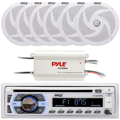 Pyle PLCD43MRB Single DIN Marine Bluetooth USB/AUX MP3 Player AM/FM Radio In-Dash Head unit Stereo Receiver, 6x 6'' 240W Max Power Low Profile 2-Way White Boat Speakers, 4-Channel Waterproof Amplifier