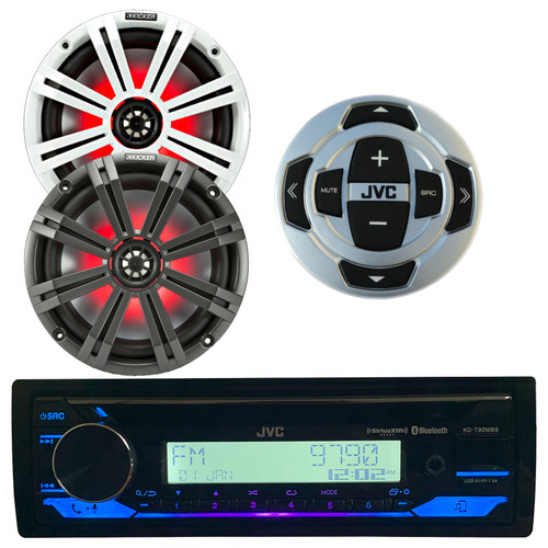 JVC KD-T92MBS Single DIN Marine MotorSports Bluetooth USB AUX AM/FM Radio Stereo SiriusXM Ready CD Player Receiver, Wired Remote, Kicker 41KM84LCW 8" KM Series Coaxial Marine Speakers w/ LED Lights