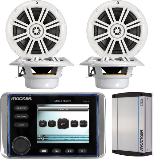 Kicker KMC10 All In One Powersports Outdoor Stereo Radio Media Center With 3.5" Full Color LCD Display, Pair of Kicker 41KM604W 6.5" 6-1/2" Inch 4-Ohms Audio Speakers, Kicker 40KXM400.4 4-Channel 400 Watts Marine Amplifier