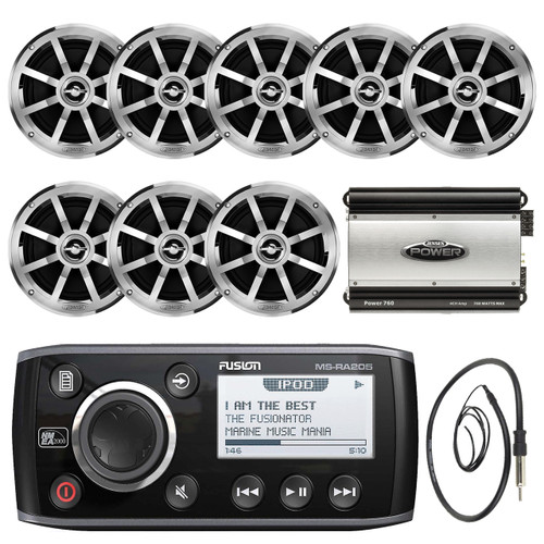 Fusion Marine Am/Fm/Weather Band Receiver Sirius Ready Ipod Dock Ready Mechless Receiver,  JENSEN 6.5" Inch Coaxial Stereo Silver Speakers, Jensen POWER760 Power760 4-Channel 760 Watt Black Amplifier, EKMR1 Enrock Marine Wire Antenna (Black)