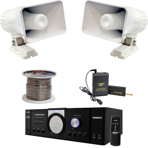 PT110 Pyle PA Mono Amplifier, Lavalier Mic Set, Speaker Wire, PA 6"Horn Speakers