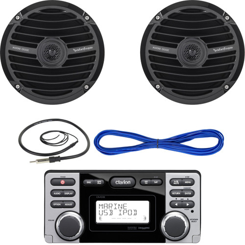 Clarion CMD8 1.8-Inch Marine CD-USB-MP3 Receiver, Rockford Fosgate RM0652B 6.5" Inch Marine Boat Yacht Full Range Audio Speakers, Black Pair, 14 Gauge 50 Foot Marine Speaker Wire , EKMR1 Enrock Marine Wire Antenna (Black)