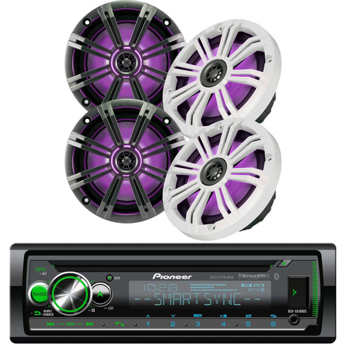 Pioneer DEHS6100BS CD/MP3 Bluetooth Receiver Aux Input USB Multicolor Illumination , Kicker 43KM654LCW 6.5 Inch KM-Series LED Marine Speakers